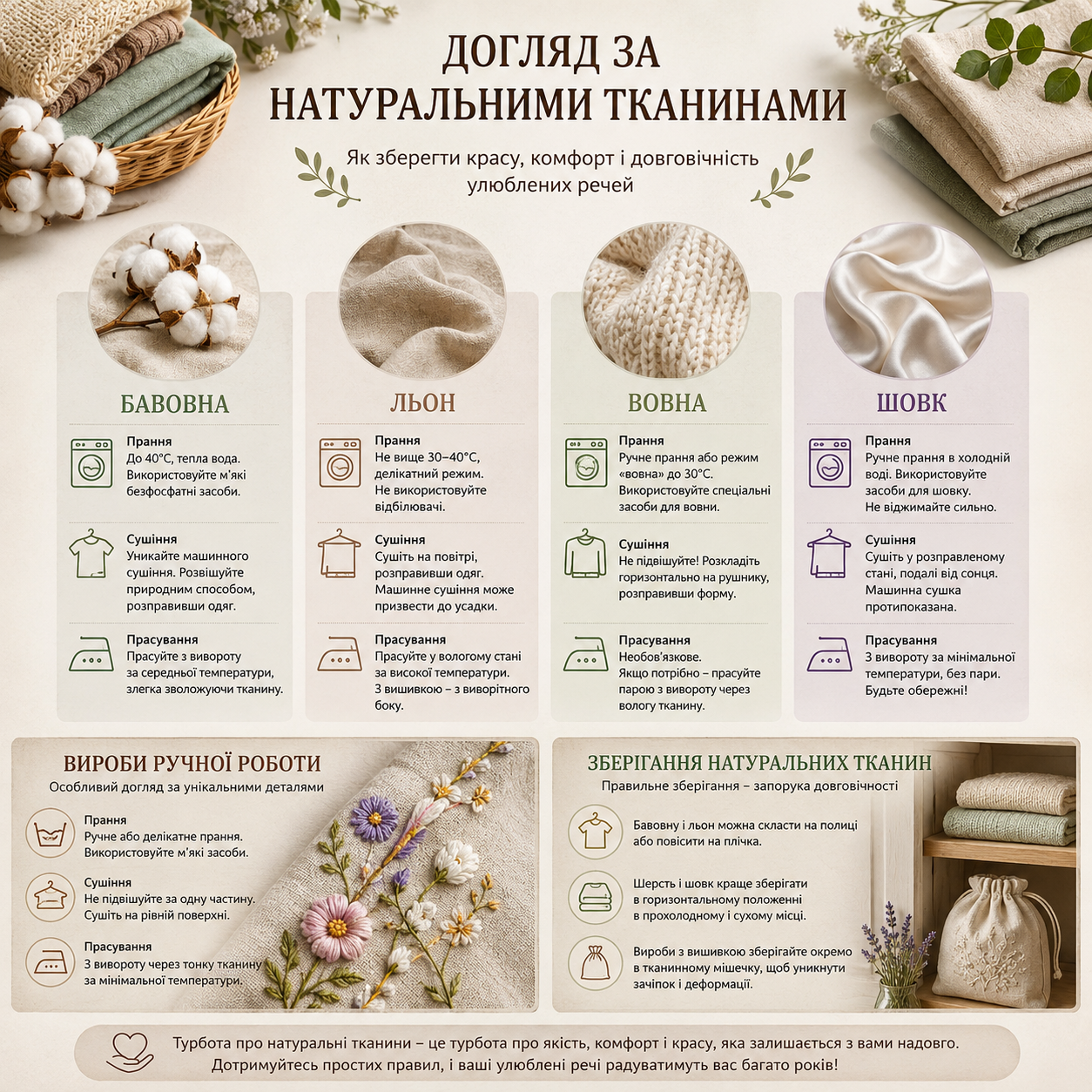 Догляд за натуральними тканинами: поради для бавовни, льону, вовни та шовку