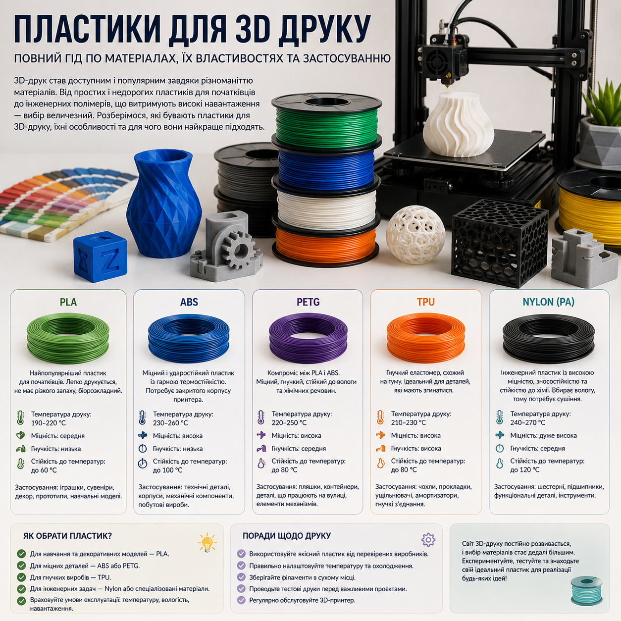Пластики для 3D друку: повний гід по матеріалах та їх застосуванню